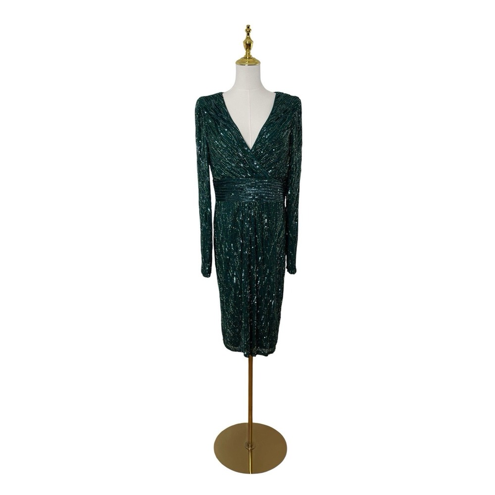 Mac Duggal 4632 Emerald Green Sequin Long Sleeve Cocktail Dress Size 14 $498 - Picture 4 of 8
